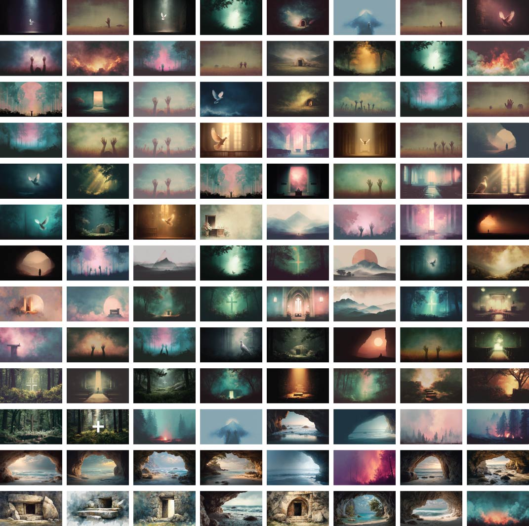 Contact sheet of Christian artwork featuring doves, crosses, worship scenes, landscapes and empty tombs