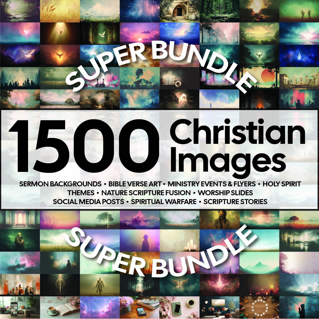 1,500 Christian Images Super Bundle product cover featuring a grid of artwork and collection categories
