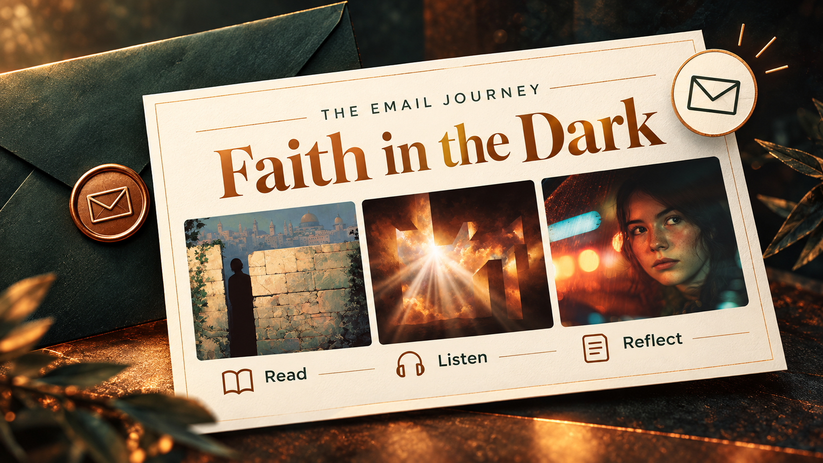 Concept illustration of the Faith in the Dark email journey featuring reading-plan, album and memoir artwork