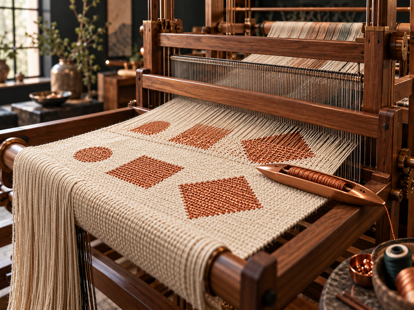 A wooden loom weaving copper circle, square and diamond shapes into cream fabric in a warmly lit studio