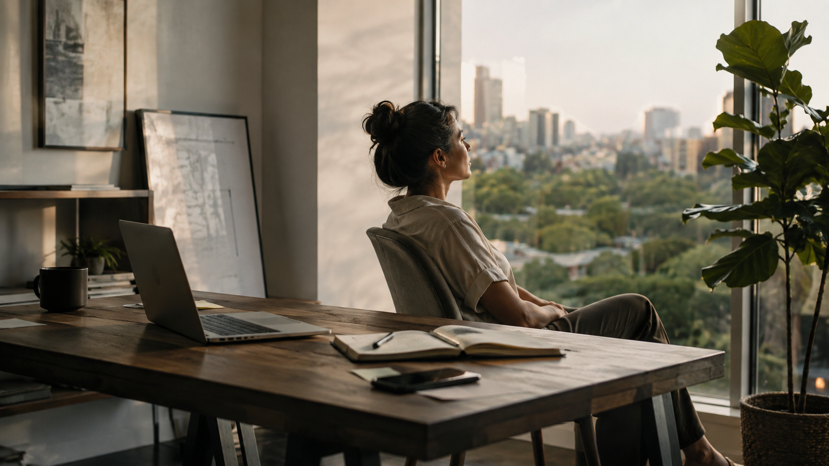 A woman seated at a workspace beside a large window, with a laptop and notebook on the desk